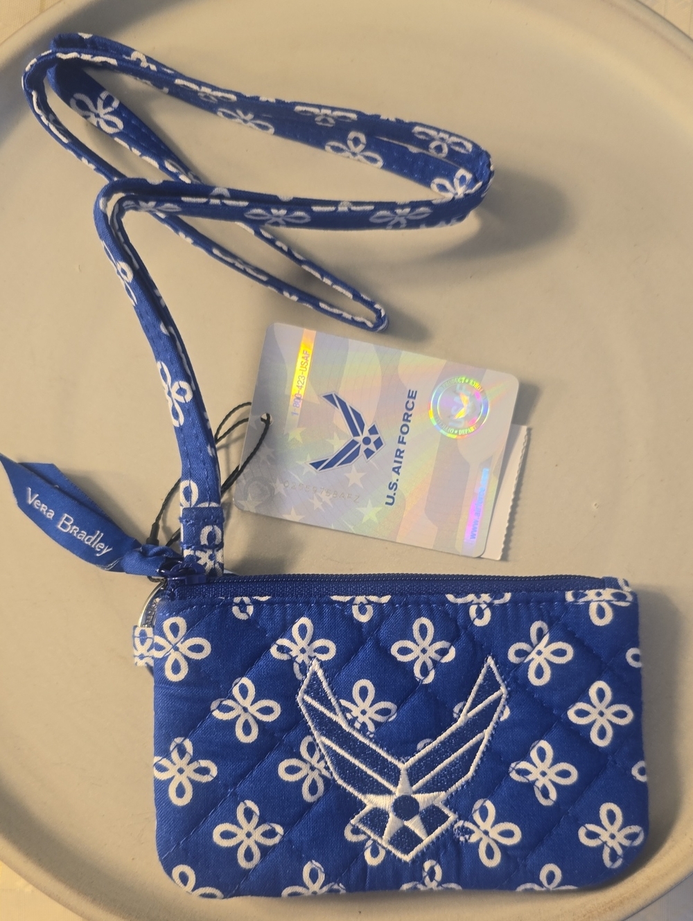 Vera Bradley U.S. Air Force Zip 2 Slots ID Lanyard Royal/White New